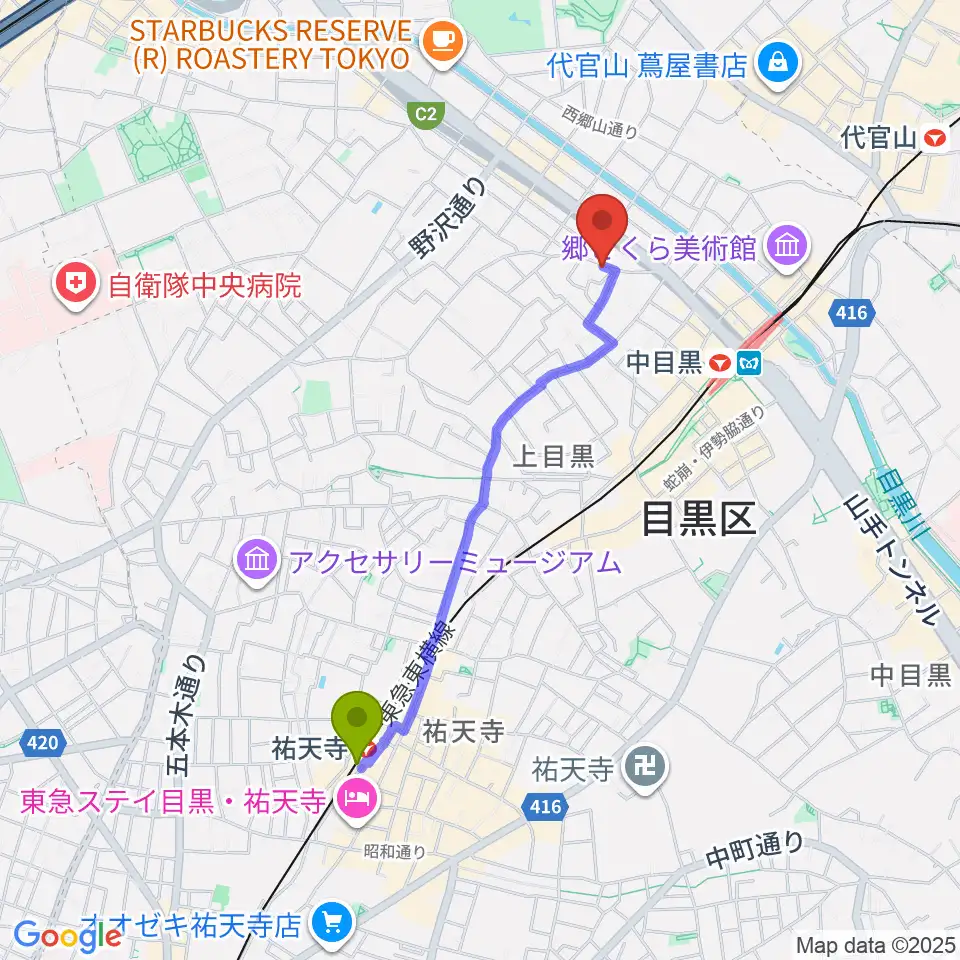 祐天寺駅からTWO-FIVEギタースクールへのルートマップ地図