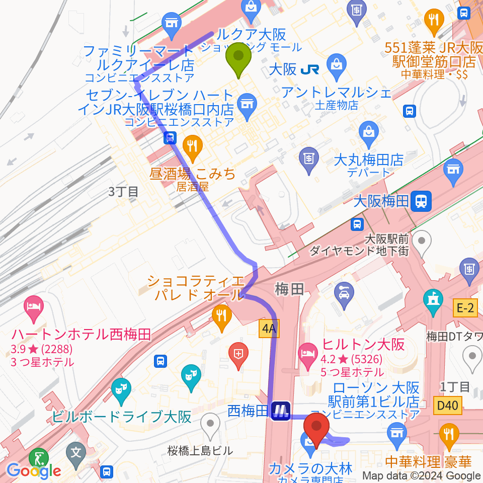 北尾音楽研究所の最寄駅大阪駅からの徒歩ルート（約6分）地図