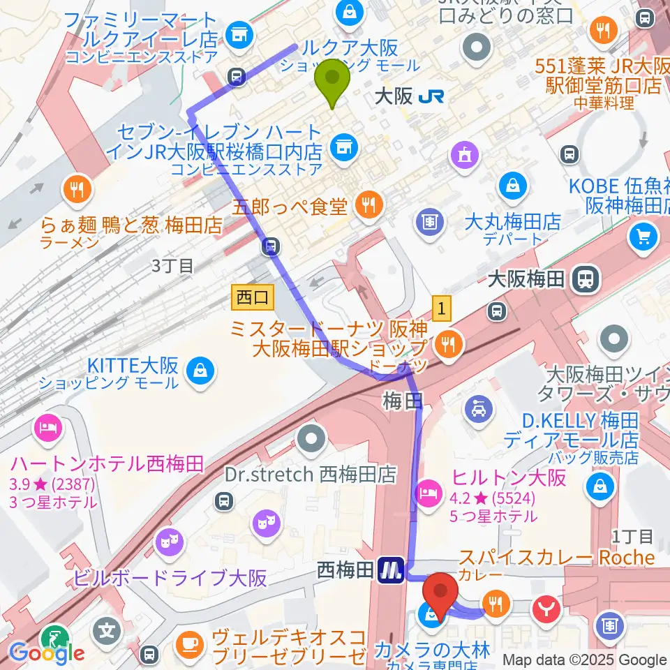 北尾音楽研究所の最寄駅大阪駅からの徒歩ルート（約6分）地図