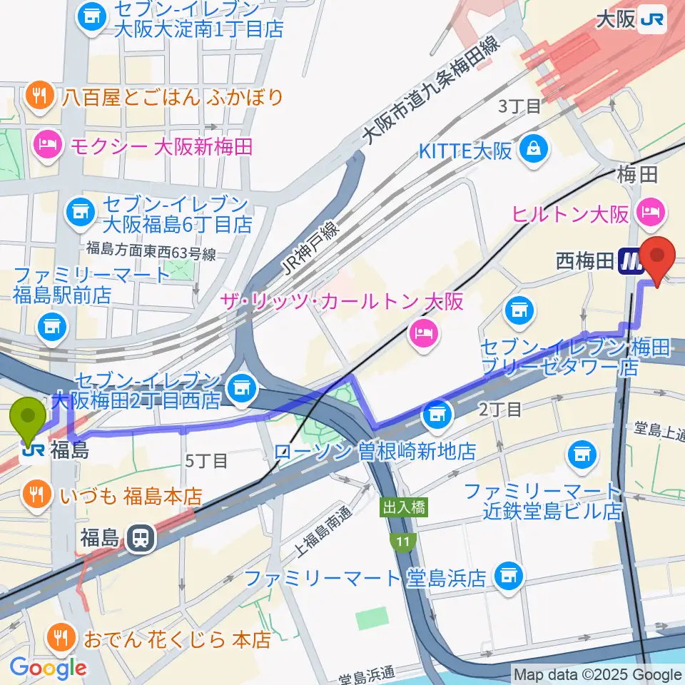 福島駅から北尾音楽研究所へのルートマップ地図