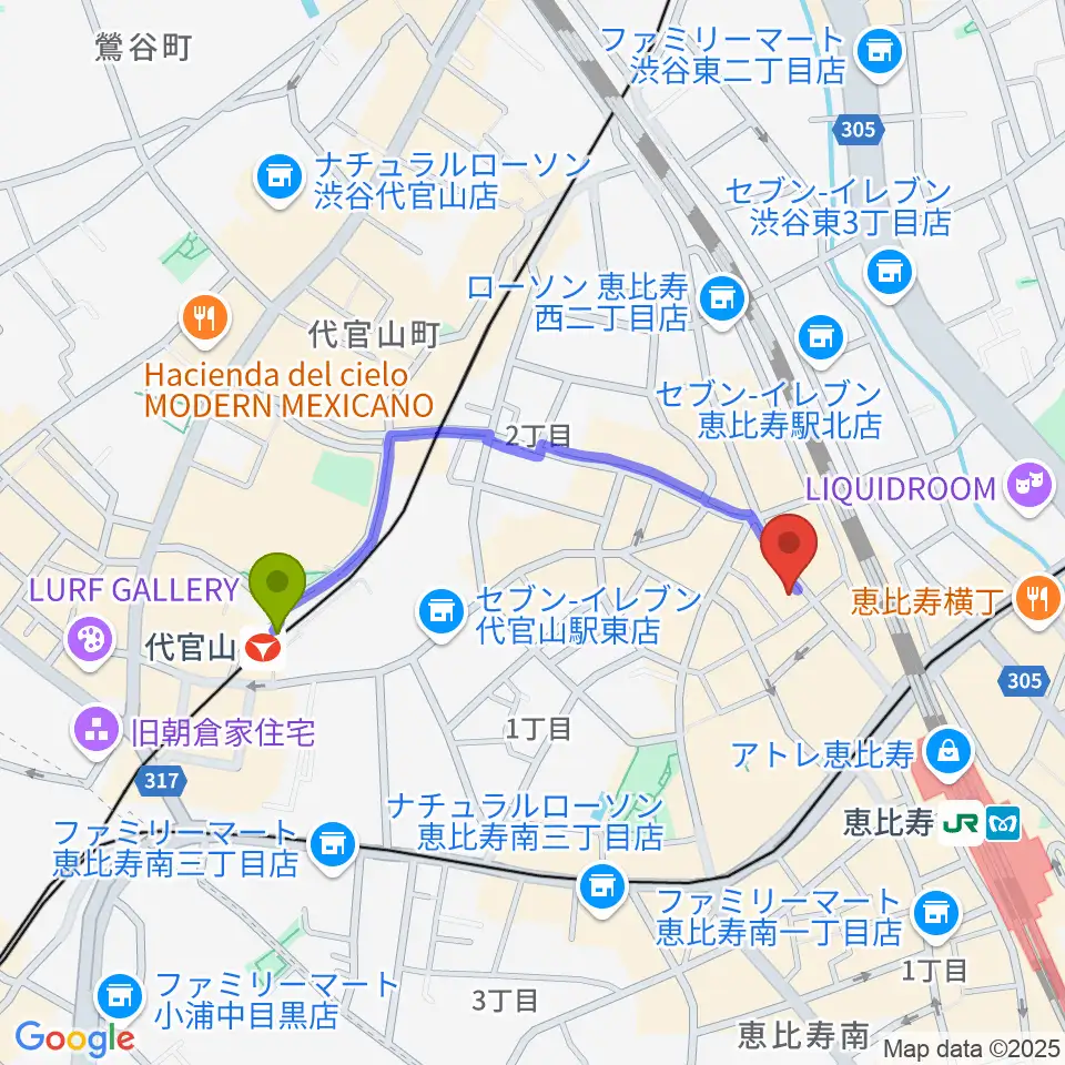 代官山駅から恵比寿ガウディボーカルスクールへのルートマップ地図