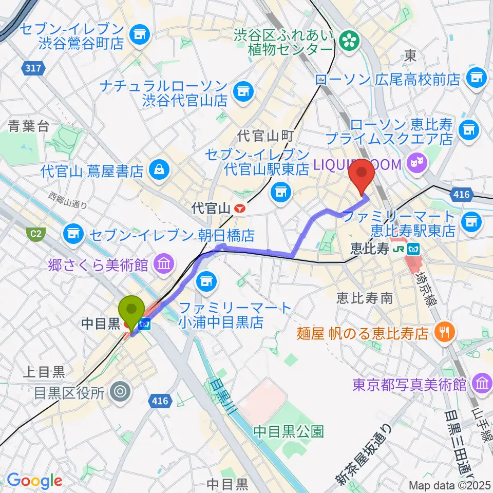 中目黒駅から恵比寿ガウディボーカルスクールへのルートマップ地図