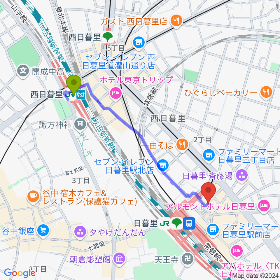 西日暮里駅から上野ヴォーカルアカデミーへのルートマップ地図