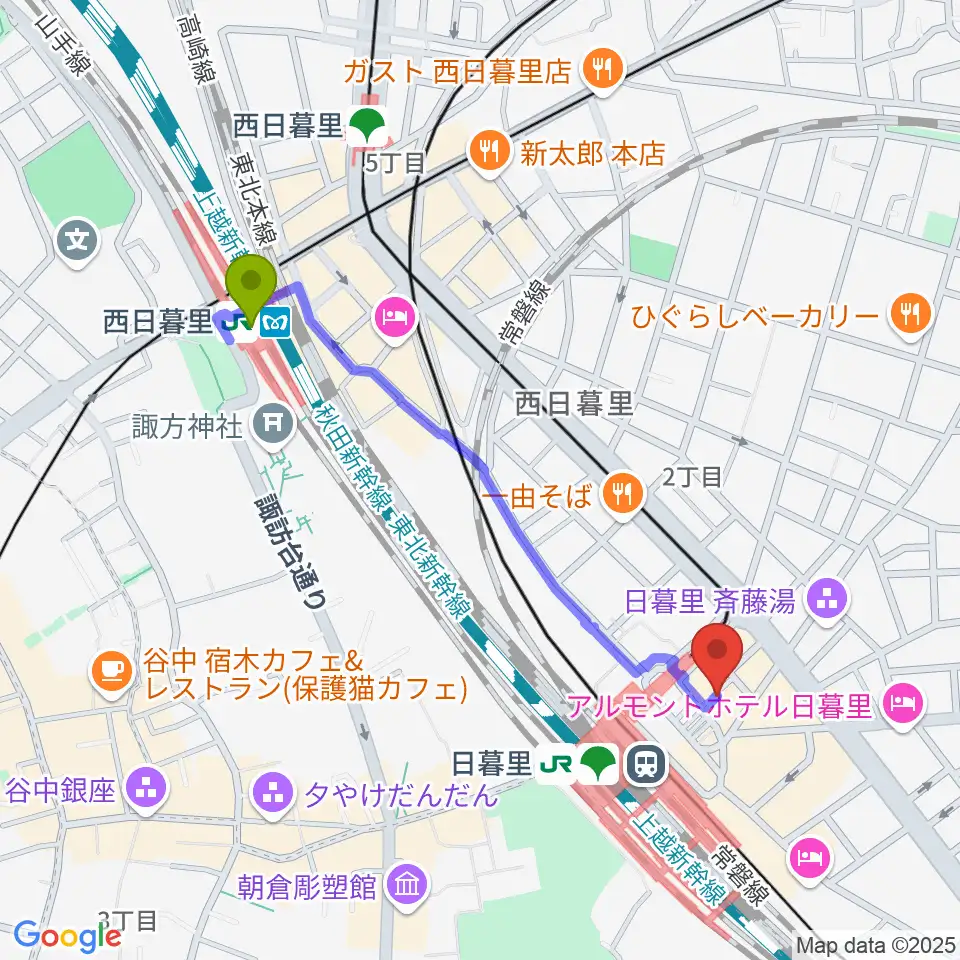 西日暮里駅から上野ヴォーカルアカデミーへのルートマップ地図
