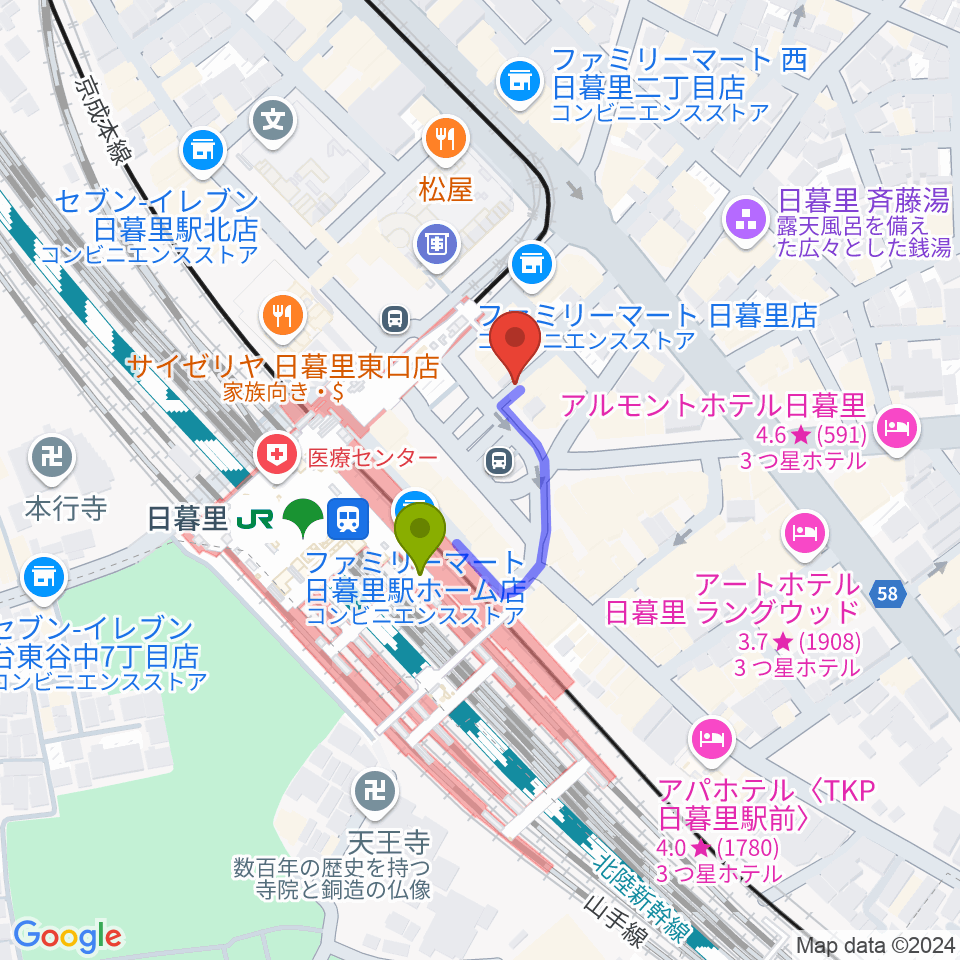 上野ヴォーカルアカデミーの最寄駅日暮里駅からの徒歩ルート（約2分）地図