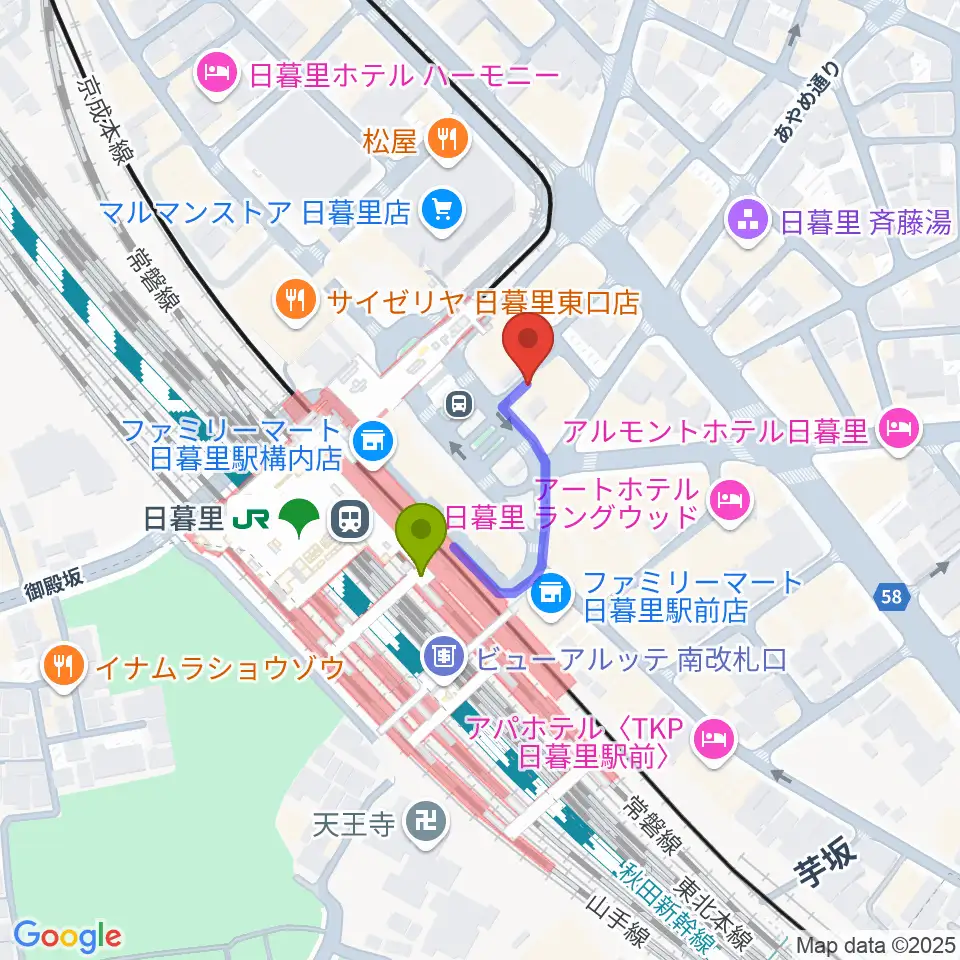 上野ヴォーカルアカデミーの最寄駅日暮里駅からの徒歩ルート（約2分）地図