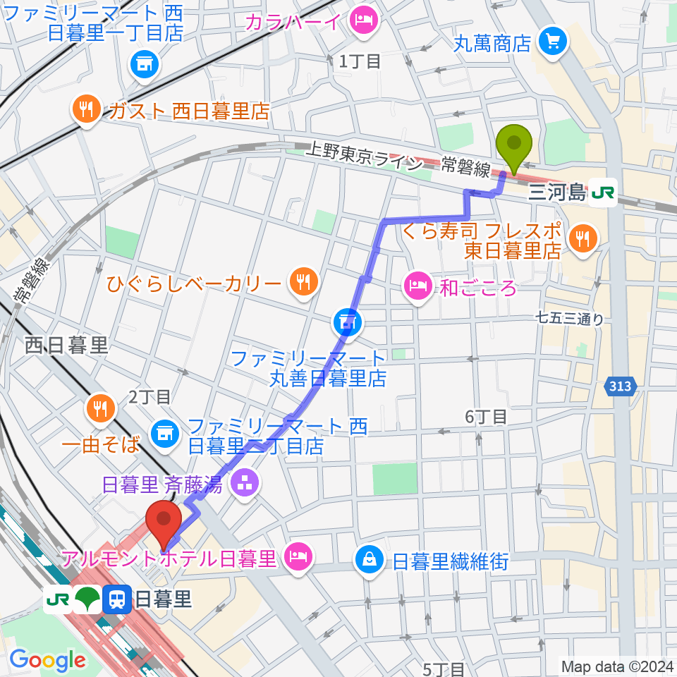 三河島駅から上野ヴォーカルアカデミーへのルートマップ地図