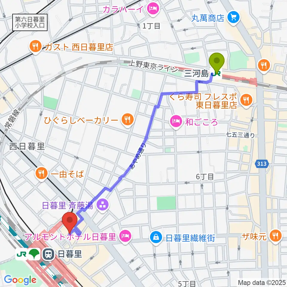 三河島駅から上野ヴォーカルアカデミーへのルートマップ地図