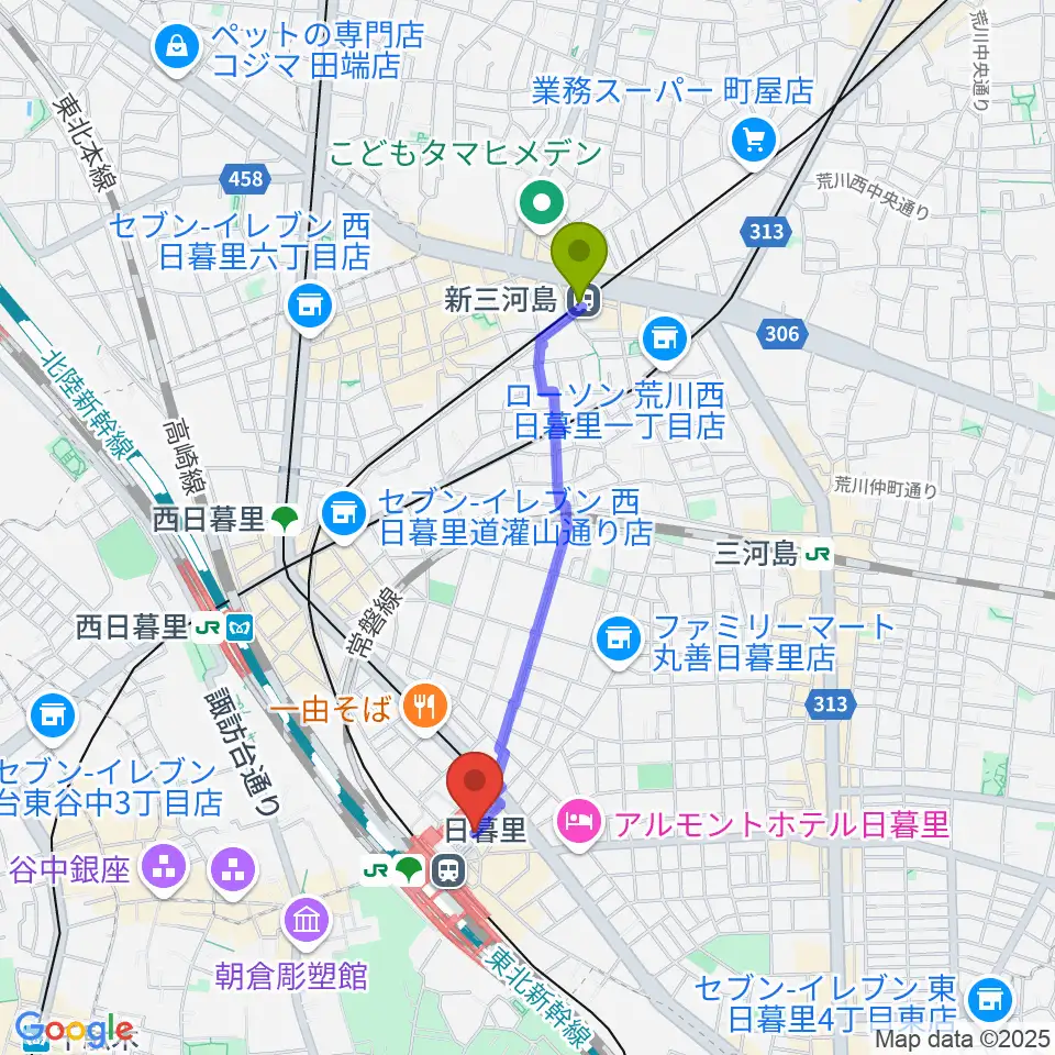 新三河島駅から上野ヴォーカルアカデミーへのルートマップ地図