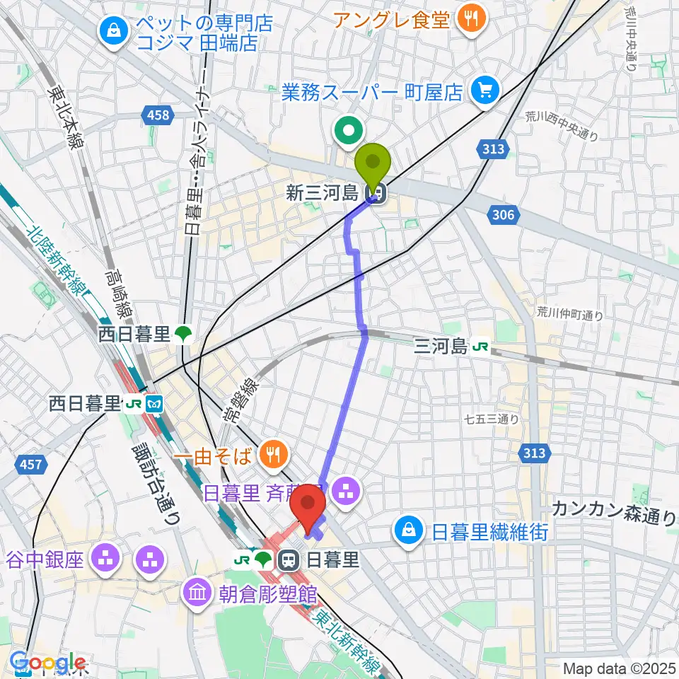 新三河島駅から上野ヴォーカルアカデミーへのルートマップ地図