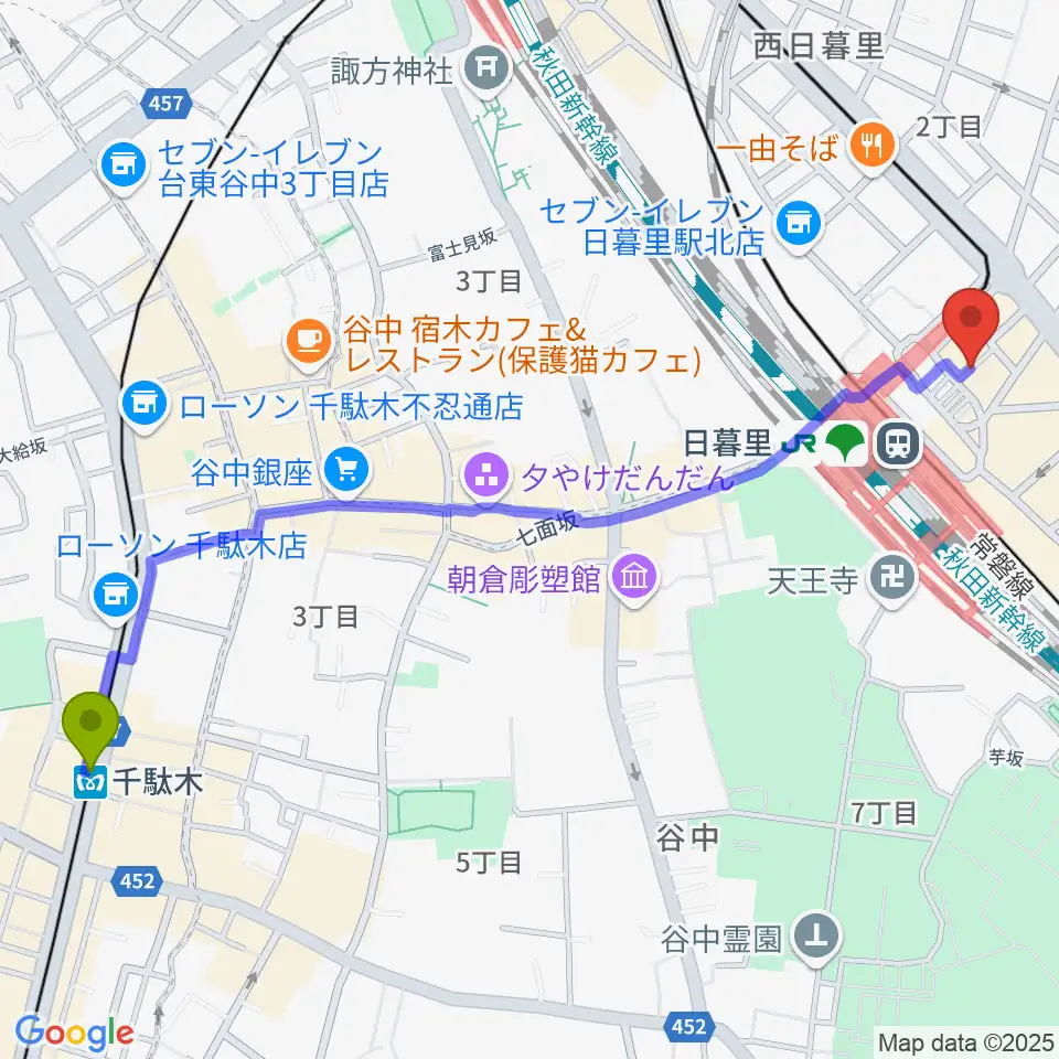 千駄木駅から上野ヴォーカルアカデミーへのルートマップ地図