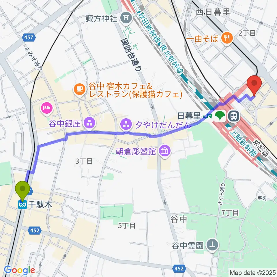 千駄木駅から上野ヴォーカルアカデミーへのルートマップ地図