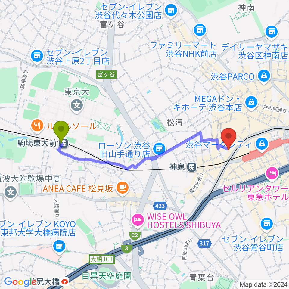 駒場東大前駅からグッディー音楽院へのルートマップ地図