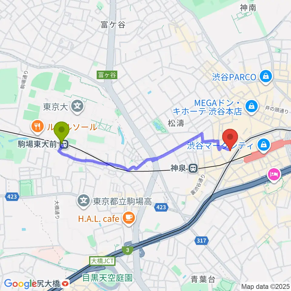 駒場東大前駅からグッディー音楽院へのルートマップ地図