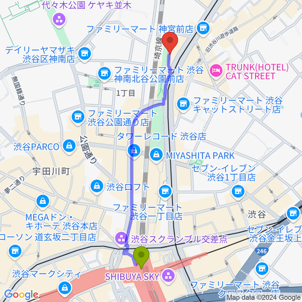 渋谷駅からトイズミュージックスクールへのルートマップ地図