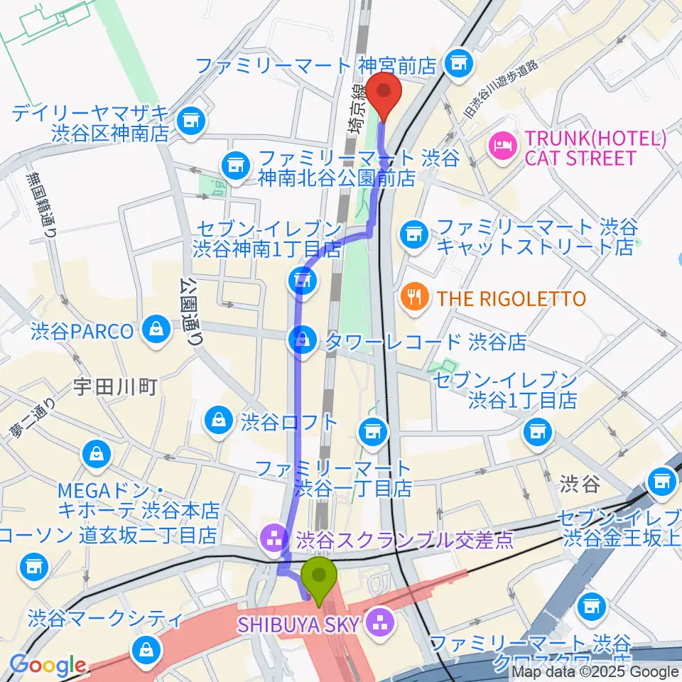 渋谷駅からトイズミュージックスクールへのルートマップ地図