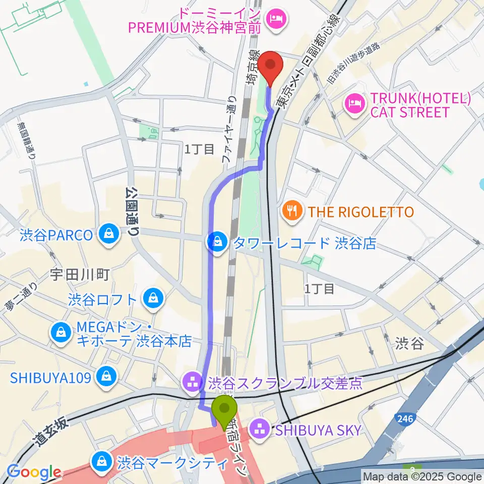 渋谷駅からトイズミュージックスクールへのルートマップ地図