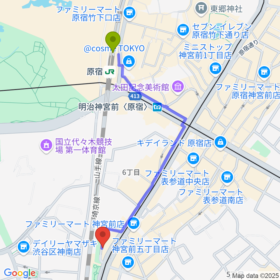 トイズミュージックスクールの最寄駅原宿駅からの徒歩ルート（約11分）地図