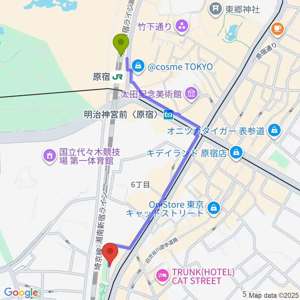 トイズミュージックスクールの最寄駅原宿駅からの徒歩ルート（約11分）地図