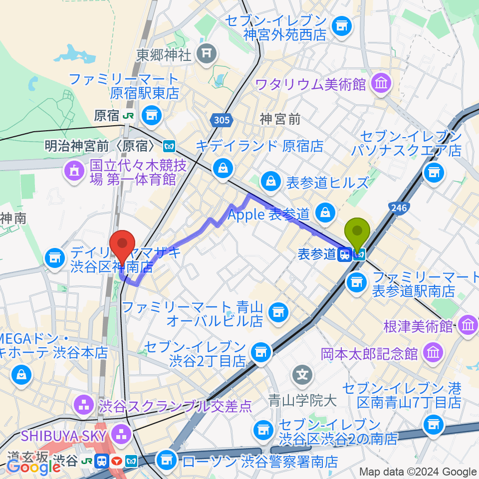 表参道駅からトイズミュージックスクールへのルートマップ地図