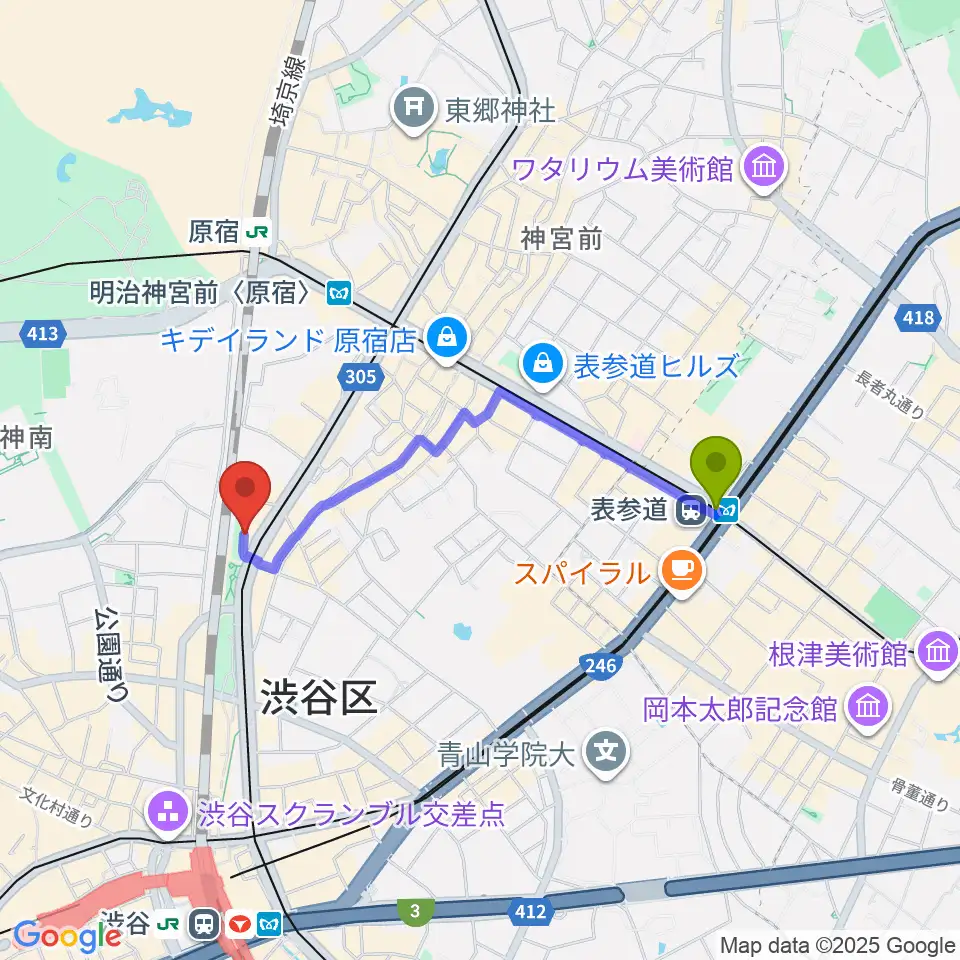 表参道駅からトイズミュージックスクールへのルートマップ地図