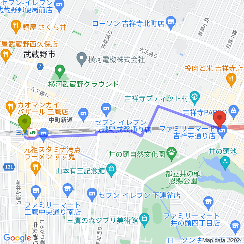 三鷹駅からM&N Bit Of Soundへのルートマップ地図