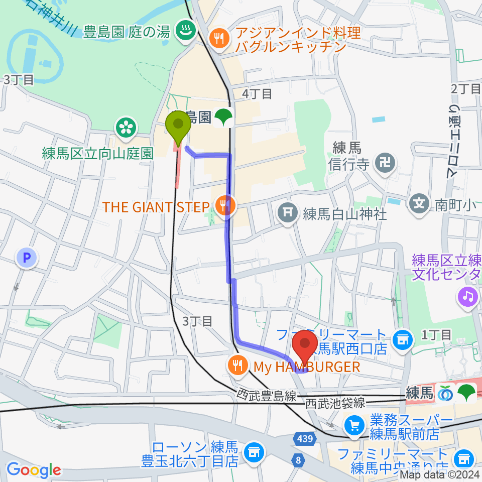 豊島園駅から大沢一仁メモリアル 志摩音楽教室へのルートマップ地図