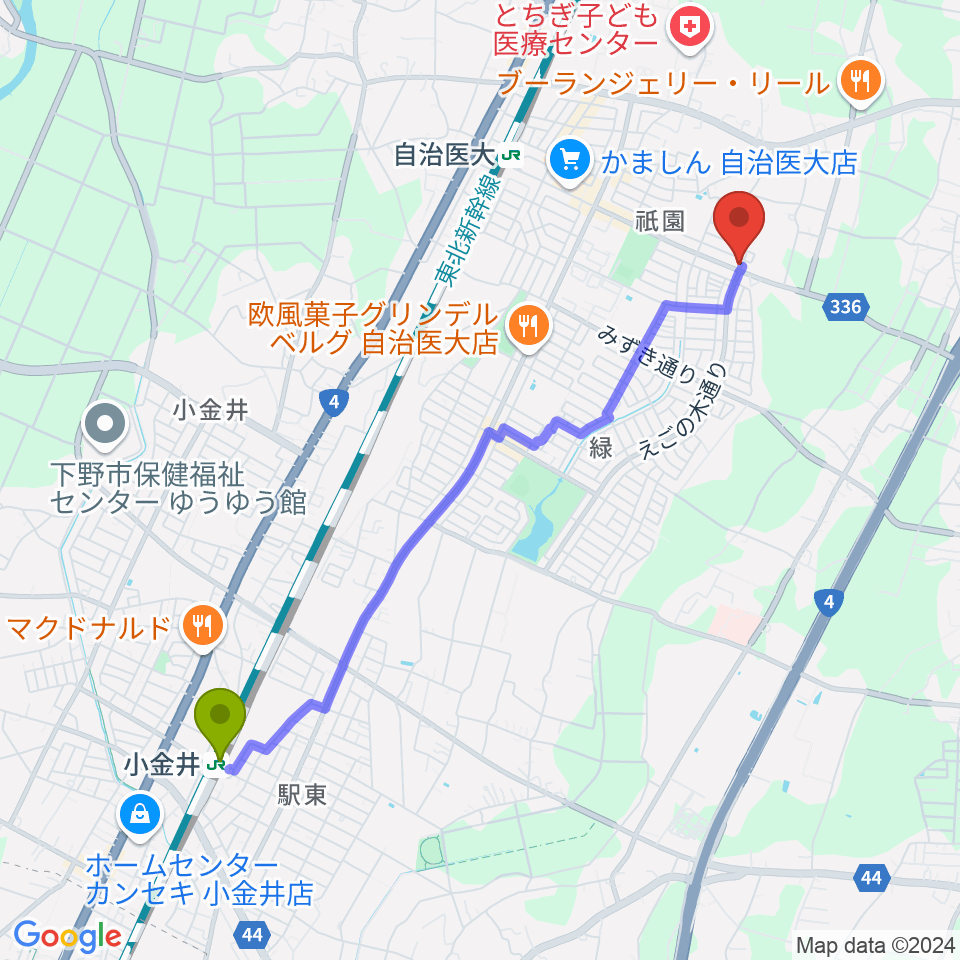 小金井駅から数楽アカデミーピアノ教室へのルートマップ地図