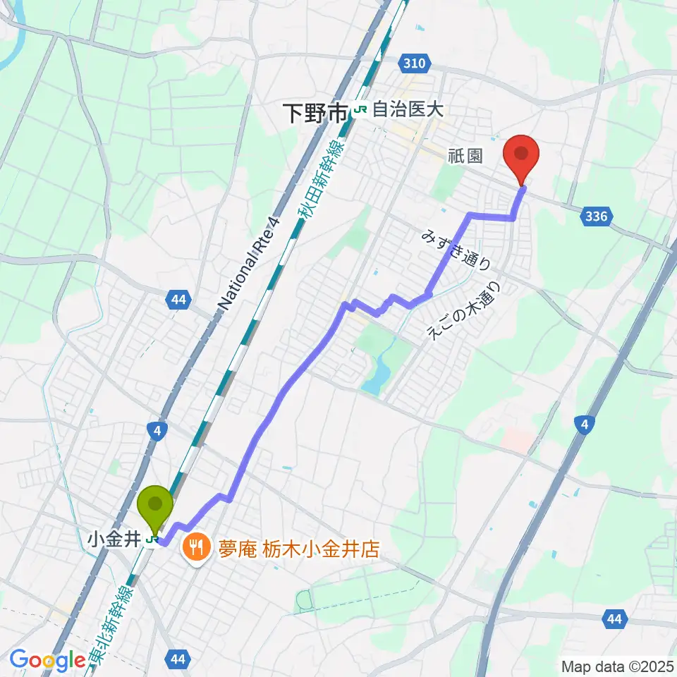 小金井駅から数楽アカデミーピアノ教室へのルートマップ地図