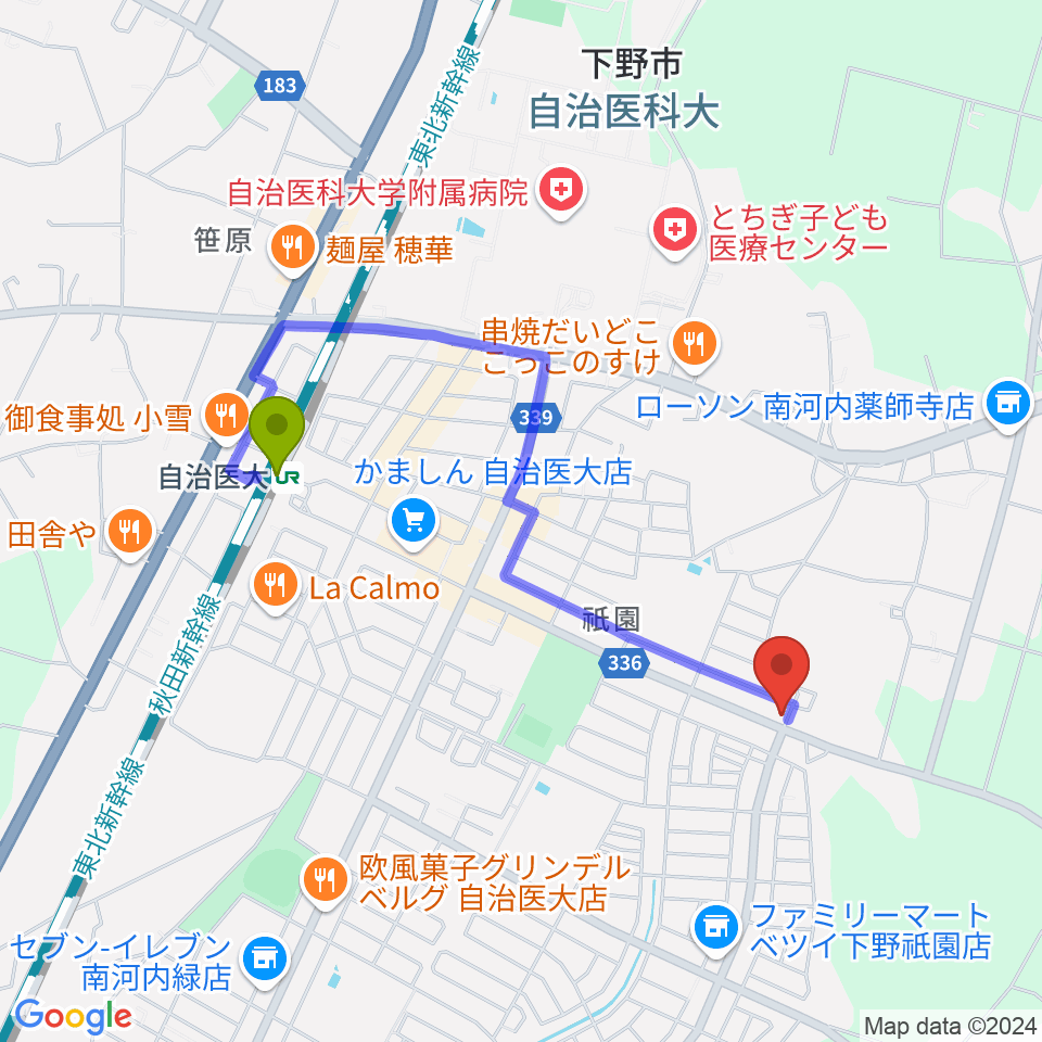 数楽アカデミーピアノ教室の最寄駅自治医大駅からの徒歩ルート（約17分）地図