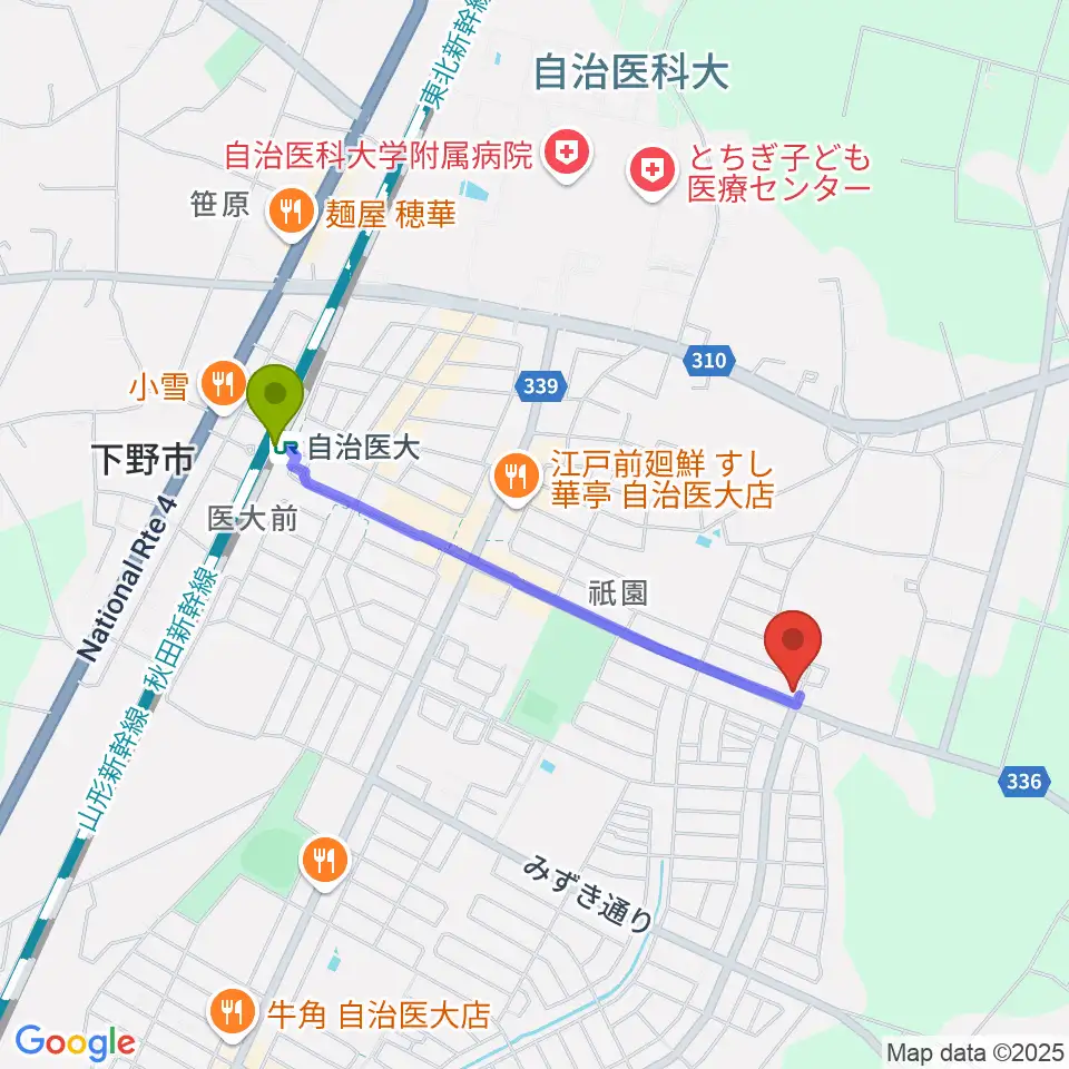 数楽アカデミーピアノ教室の最寄駅自治医大駅からの徒歩ルート（約17分）地図