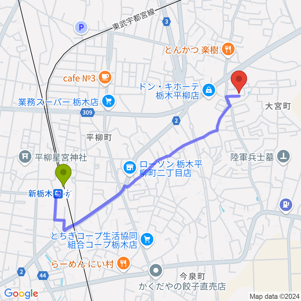 新栃木駅からおとのあとりえミュージックへのルートマップ地図