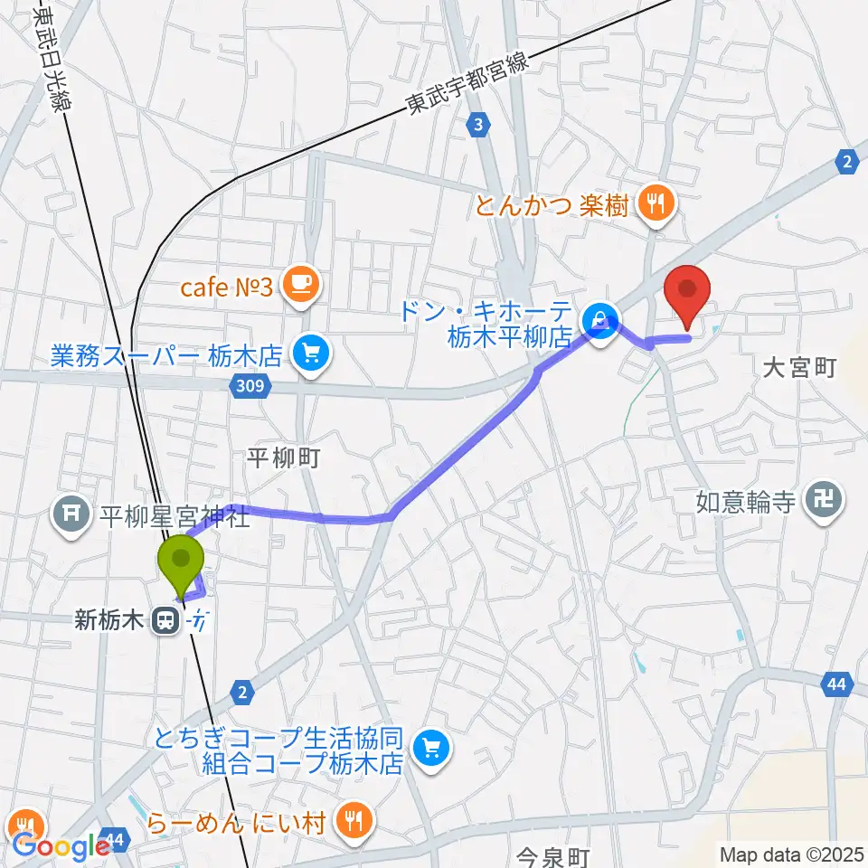 新栃木駅からおとのあとりえミュージックへのルートマップ地図