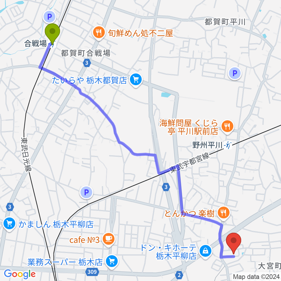 合戦場駅からおとのあとりえミュージックへのルートマップ地図