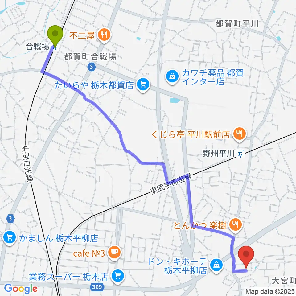 合戦場駅からおとのあとりえミュージックへのルートマップ地図