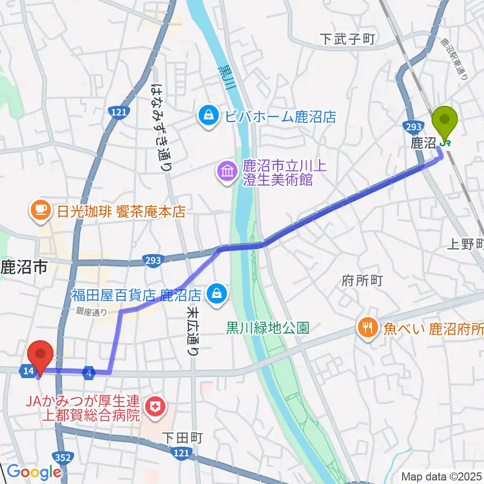 鹿沼駅からエルベ音楽院へのルートマップ地図