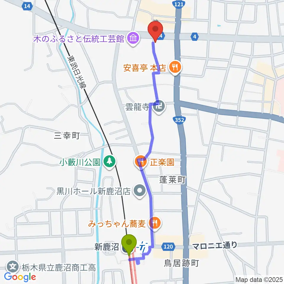 エルベ音楽院の最寄駅新鹿沼駅からの徒歩ルート（約12分）地図