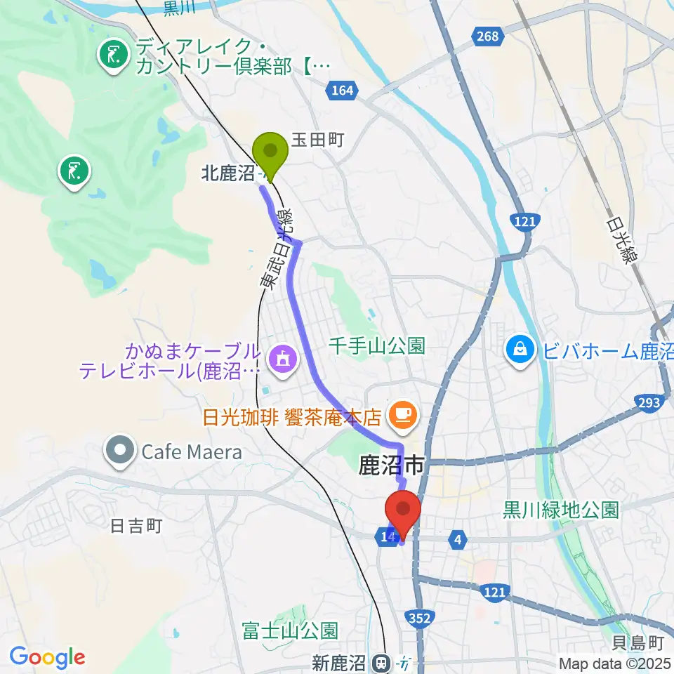 北鹿沼駅からエルベ音楽院へのルートマップ地図