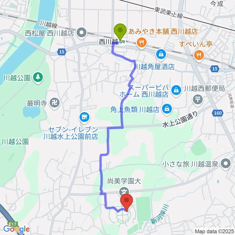 尚美学園大学の最寄駅西川越駅からの徒歩ルート（約22分）地図