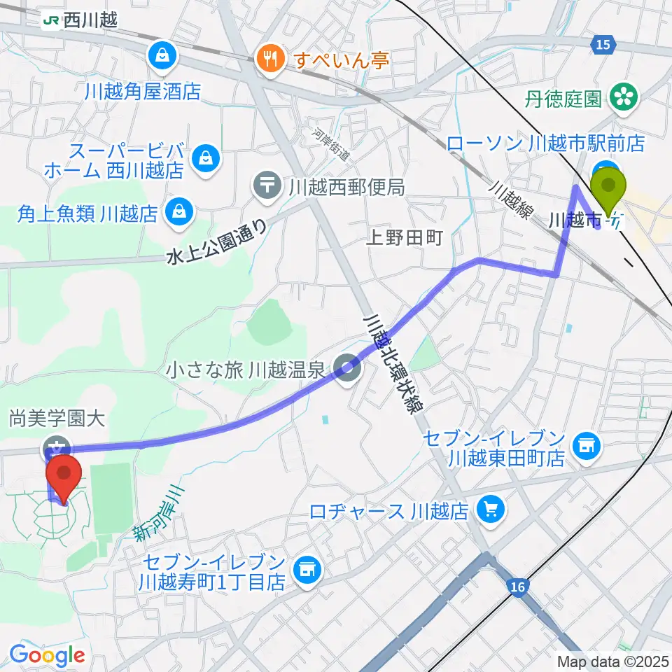 川越市駅から尚美学園大学へのルートマップ地図