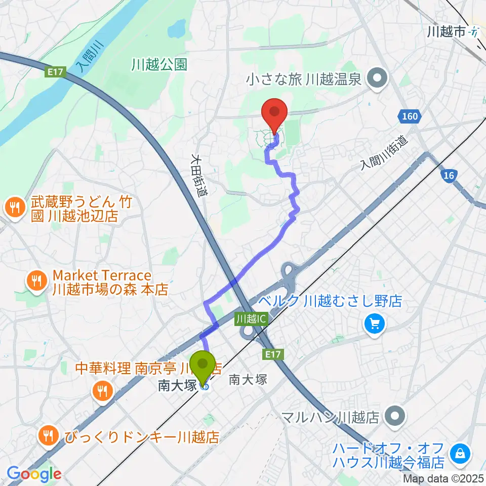 南大塚駅から尚美学園大学へのルートマップ地図