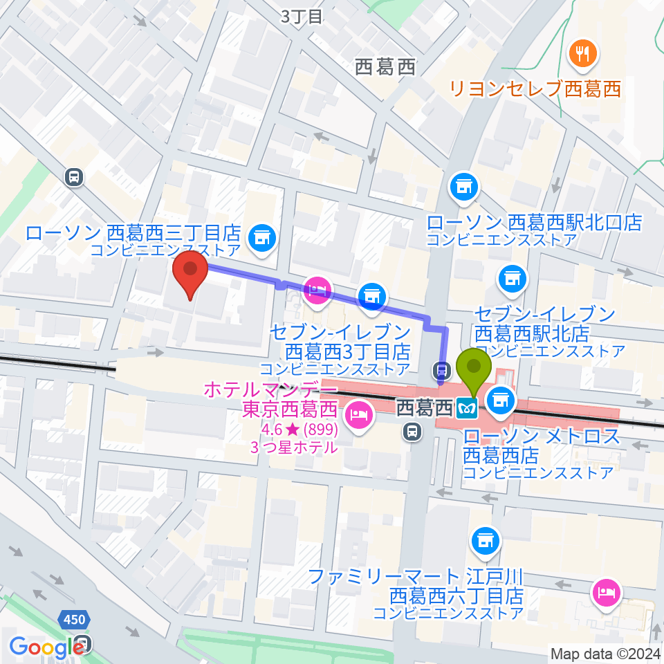 東京スクールオブミュージック＆ダンス専門学校の最寄駅西葛西駅からの徒歩ルート（約4分）地図