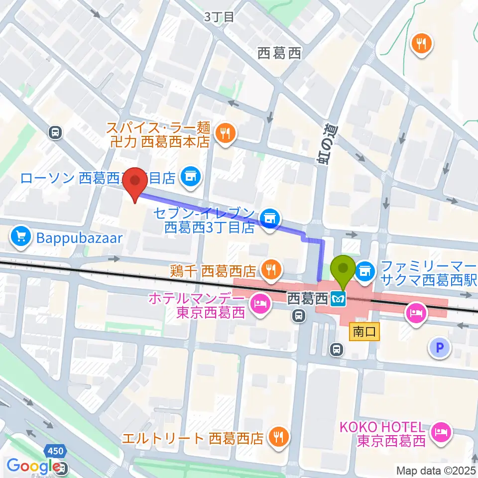 東京スクールオブミュージック＆ダンス専門学校の最寄駅西葛西駅からの徒歩ルート（約4分）地図