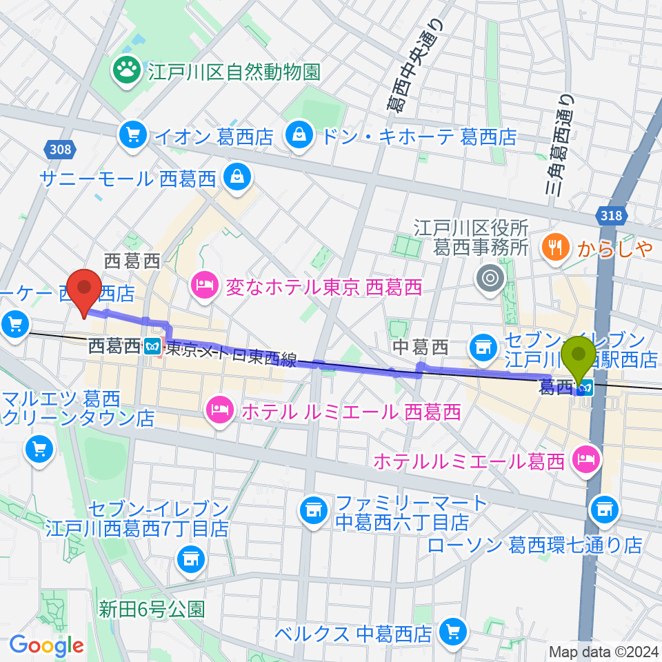 葛西駅から東京スクールオブミュージック＆ダンス専門学校へのルートマップ地図