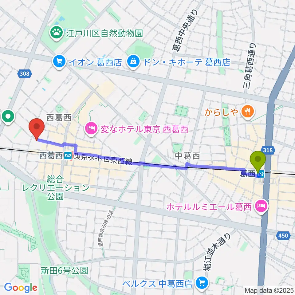 葛西駅から東京スクールオブミュージック＆ダンス専門学校へのルートマップ地図