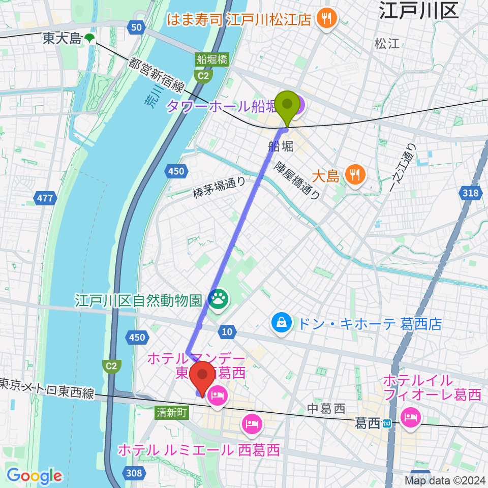 船堀駅から東京スクールオブミュージック＆ダンス専門学校へのルートマップ地図