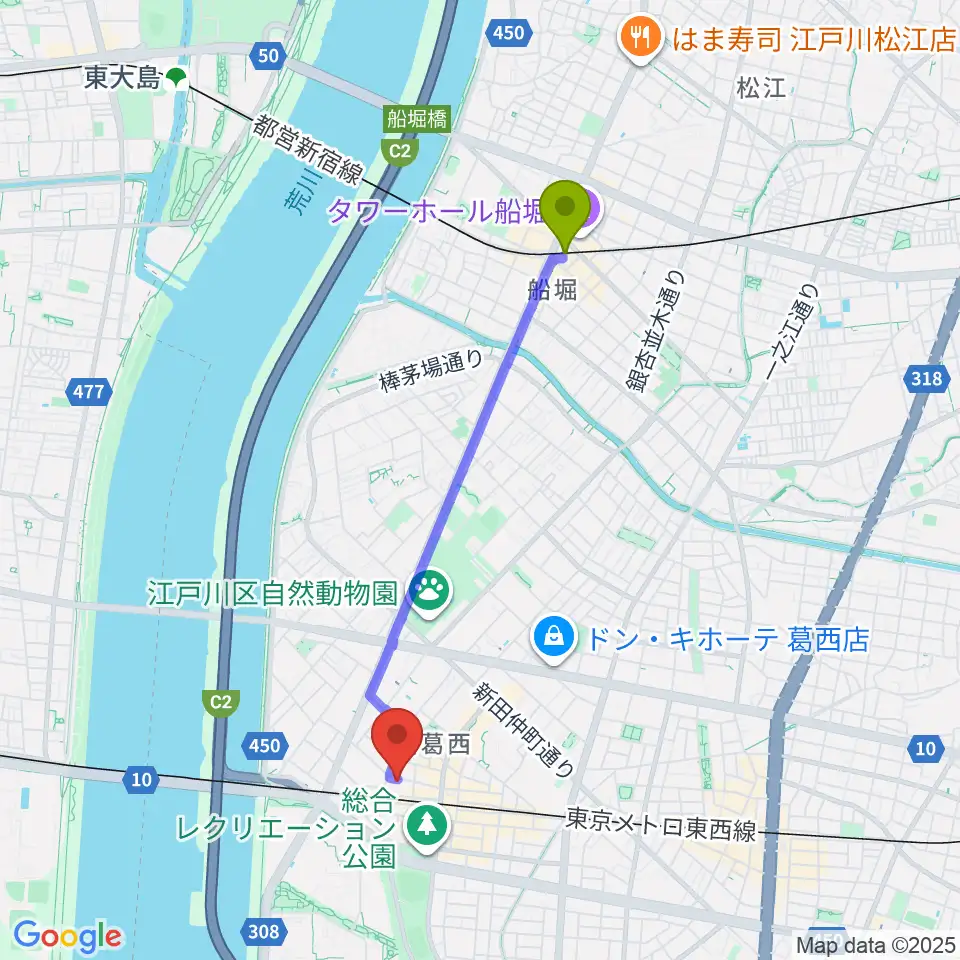 船堀駅から東京スクールオブミュージック＆ダンス専門学校へのルートマップ地図
