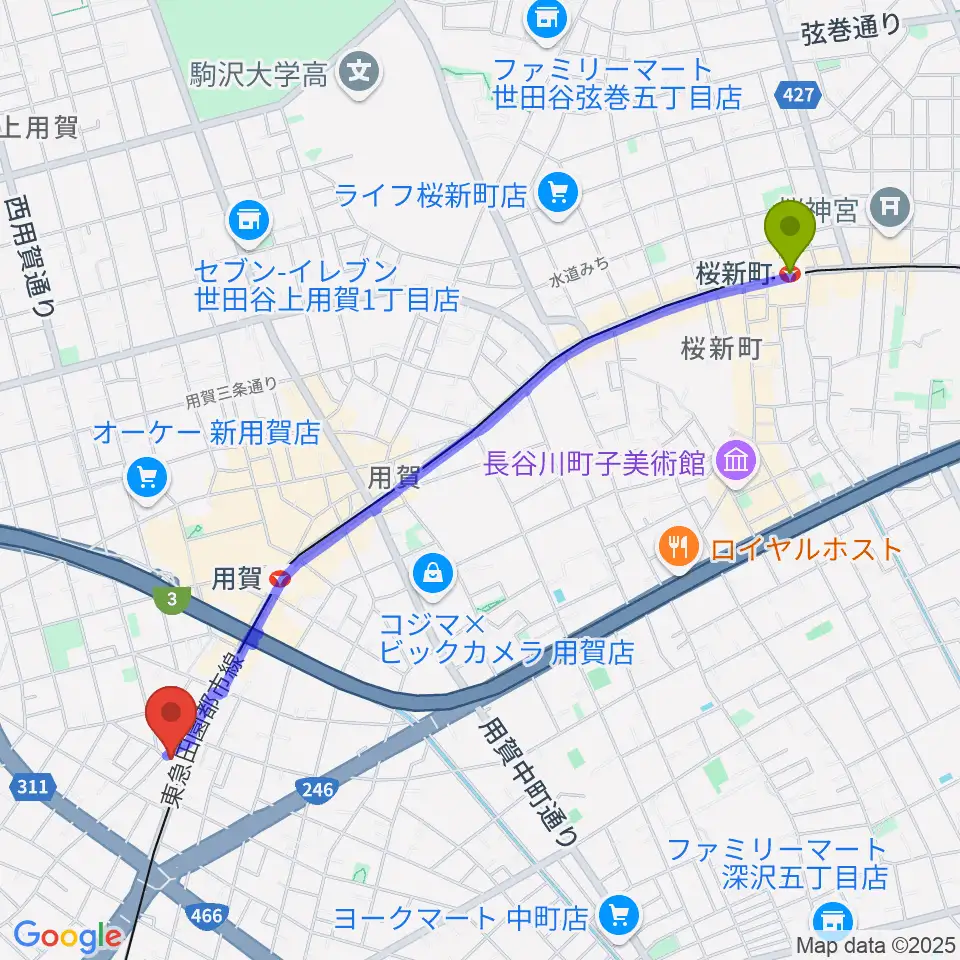 桜新町駅からマイカミュージックラボラトリーへのルートマップ地図