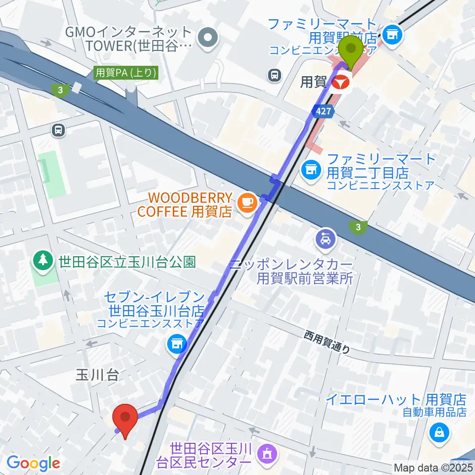 マイカミュージックラボラトリーの最寄駅用賀駅からの徒歩ルート（約7分）地図