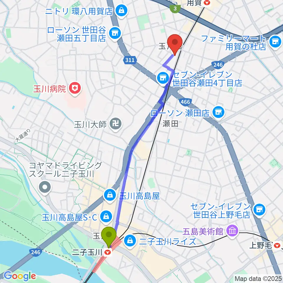 二子玉川駅からマイカミュージックラボラトリーへのルートマップ地図